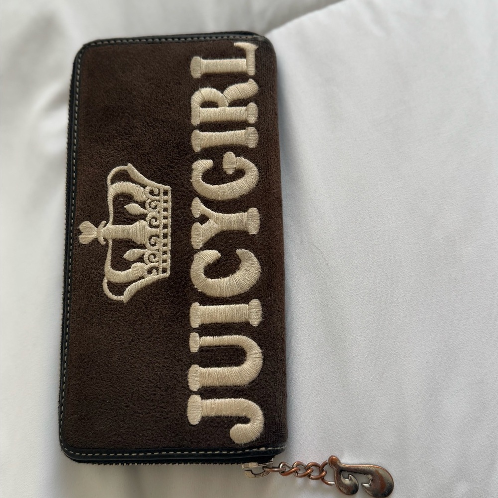 Juicy Couture Brown Suede Zip Wallet with Cream Logo and J Charm